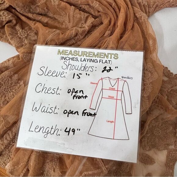 Tan Lace Kimono Longline Duster Boho Cottagecore Feminine Romantic Fairy Mesh - Picture 3 of 10